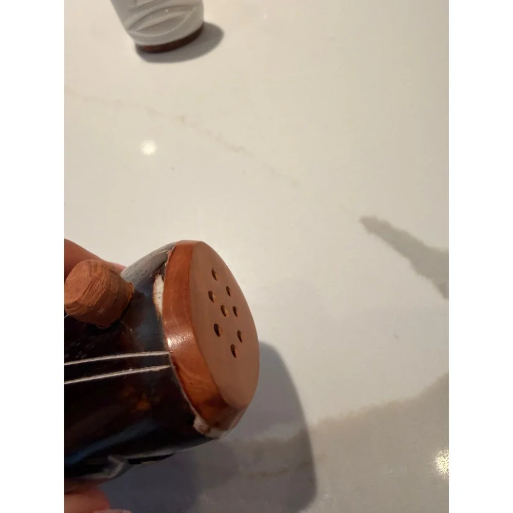 Tiki Face Salt and Pepper Shakers Brown White Hand Carved Wood Tropical Beach